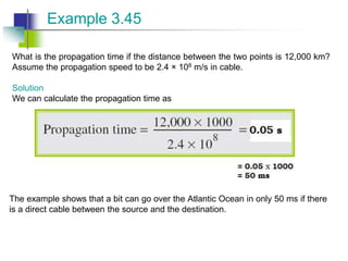 What is the propagation time if the distance between the two points is 12,000 km?
Assume the propagation speed to be 2.4 × 108 m/s in cable.
Solution
We can calculate the propagation time as
Example 3.45
The example shows that a bit can go over the Atlantic Ocean in only 50 ms if there
is a direct cable between the source and the destination.
 