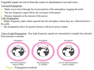 1.Ground Propagation:
 Radio waves travel through the lowest portion of the atmosphere, hugging the earth.
 The low frequency signal follow the curvature of the planet.
 Distance depends on the amount of the power.
Unguided signal can travel from the source to destination in several ways:
2.Sky Propagation:
 Higher frequency radio radiate upward into the ionosphere where they are reflected back to
the earth.
 Sky propagation allow for greater distance with lower power output.
3.line-of-sight Propagation: Very high frequency signals are transmitted in straight lines directly
from antenna to antenna.
Figure Propagation methods
 