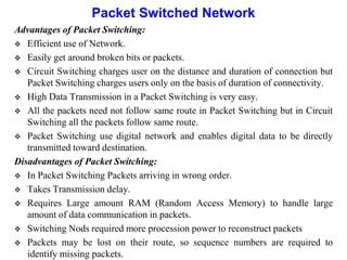 Packet Switched Network
Advantages of Packet Switching:
 Efficient use of Network.
 Easily get around broken bits or packets.
 Circuit Switching charges user on the distance and duration of connection but
Packet Switching charges users only on the basis of duration of connectivity.
 High Data Transmission in a Packet Switching is very easy.
 All the packets need not follow same route in Packet Switching but in Circuit
Switching all the packets follow same route.
 Packet Switching use digital network and enables digital data to be directly
transmitted toward destination.
Disadvantages of Packet Switching:
 In Packet Switching Packets arriving in wrong order.
 Takes Transmission delay.
 Requires Large amount RAM (Random Access Memory) to handle large
amount of data communication in packets.
 Switching Nods required more procession power to reconstruct packets
 Packets may be lost on their route, so sequence numbers are required to
identify missing packets.
 