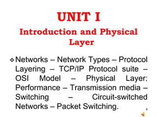 UNIT I
Introduction and Physical
Layer
Networks – Network Types – Protocol
Layering – TCP/IP Protocol suite –
OSI Model – Physical Layer:
Performance – Transmission media –
Switching – Circuit-switched
Networks – Packet Switching. 4
 