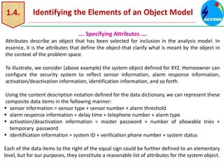 1.4. Identifying the Elements of an Object Model
…. Specifying Attributes ….
Attributes describe an object that has been selected for inclusion in the analysis model. In
essence, it is the attributes that define the object-that clarify what is meant by the object in
the context of the problem space.
To illustrate, we consider (above example) the system object defined for XYZ. Homeowner can
configure the security system to reflect sensor information, alarm response information,
activation/deactivation information, identification information, and so forth.
Using the content description notation defined for the data dictionary, we can represent these
composite data items in the following manner:
 sensor information = sensor type + sensor number + alarm threshold
 alarm response information = delay time + telephone number + alarm type
 activation/deactivation information = master password + number of allowable tries +
temporary password
 identification information = system ID + verification phone number + system status
Each of the data items to the right of the equal sign could be further defined to an elementary
level, but for our purposes, they constitute a reasonable list of attributes for the system object.
 