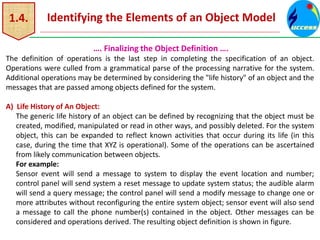 1.4. Identifying the Elements of an Object Model
…. Finalizing the Object Definition ….
The definition of operations is the last step in completing the specification of an object.
Operations were culled from a grammatical parse of the processing narrative for the system.
Additional operations may be determined by considering the "life history" of an object and the
messages that are passed among objects defined for the system.
A) Life History of An Object:
The generic life history of an object can be defined by recognizing that the object must be
created, modified, manipulated or read in other ways, and possibly deleted. For the system
object, this can be expanded to reflect known activities that occur during its life (in this
case, during the time that XYZ is operational). Some of the operations can be ascertained
from likely communication between objects.
For example:
Sensor event will send a message to system to display the event location and number;
control panel will send system a reset message to update system status; the audible alarm
will send a query message; the control panel will send a modify message to change one or
more attributes without reconfiguring the entire system object; sensor event will also send
a message to call the phone number(s) contained in the object. Other messages can be
considered and operations derived. The resulting object definition is shown in figure.
 