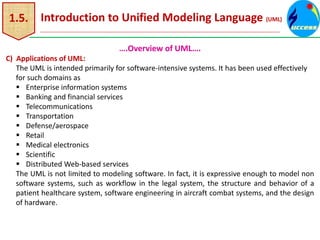1.5. Introduction to Unified Modeling Language (UML)
….Overview of UML….
C) Applications of UML:
The UML is intended primarily for software-intensive systems. It has been used effectively
for such domains as
 Enterprise information systems
 Banking and financial services
 Telecommunications
 Transportation
 Defense/aerospace
 Retail
 Medical electronics
 Scientific
 Distributed Web-based services
The UML is not limited to modeling software. In fact, it is expressive enough to model non
software systems, such as workflow in the legal system, the structure and behavior of a
patient healthcare system, software engineering in aircraft combat systems, and the design
of hardware.
 