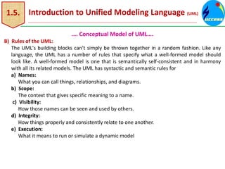 1.5. Introduction to Unified Modeling Language (UML)
…. Conceptual Model of UML….
B) Rules of the UML:
The UML's building blocks can't simply be thrown together in a random fashion. Like any
language, the UML has a number of rules that specify what a well-formed model should
look like. A well-formed model is one that is semantically self-consistent and in harmony
with all its related models. The UML has syntactic and semantic rules for
a) Names:
What you can call things, relationships, and diagrams.
b) Scope:
The context that gives specific meaning to a name.
c) Visibility:
How those names can be seen and used by others.
d) Integrity:
How things properly and consistently relate to one another.
e) Execution:
What it means to run or simulate a dynamic model
 