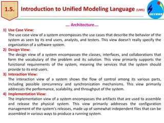 1.5. Introduction to Unified Modeling Language (UML)
…. Architecture….
1) Use Case View:
The use case view of a system encompasses the use cases that describe the behavior of the
system as seen by its end users, analysts, and testers. This view doesn't really specify the
organization of a software system.
2) Design View:
The design view of a system encompasses the classes, interfaces, and collaborations that
form the vocabulary of the problem and its solution. This view primarily supports the
functional requirements of the system, meaning the services that the system should
provide to its end users.
3) Interaction View:
The interaction view of a system shows the flow of control among its various parts,
including possible concurrency and synchronization mechanisms. This view primarily
addresses the performance, scalability, and throughput of the system.
4) Implementation View:
The implementation view of a system encompasses the artifacts that are used to assemble
and release the physical system. This view primarily addresses the configuration
management of the system's releases, made up of somewhat independent files that can be
assembled in various ways to produce a running system.
 