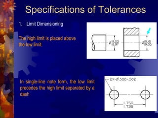 Specifications of Tolerances
1. Limit Dimensioning
The high limit is placed above
the low limit.
In single-line note form, the low limit
precedes the high limit separated by a
dash
 