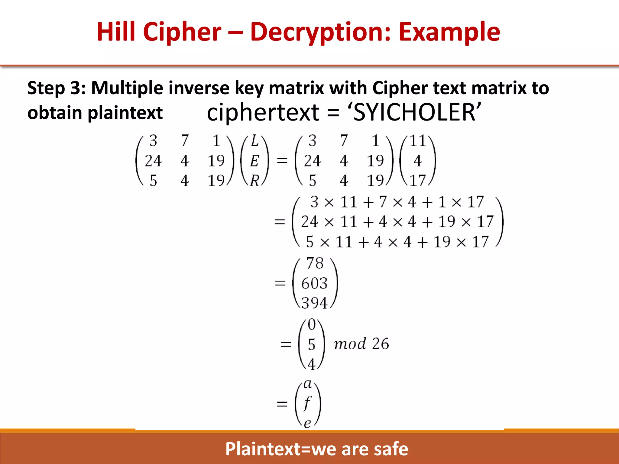 Hill Cipher – Decryption: Example
Step 3: Multiple inverse key matrix with Cipher text matrix to
obtain plaintext ciphertext = ‘SYICHOLER’
Plaintext=we are safe
 