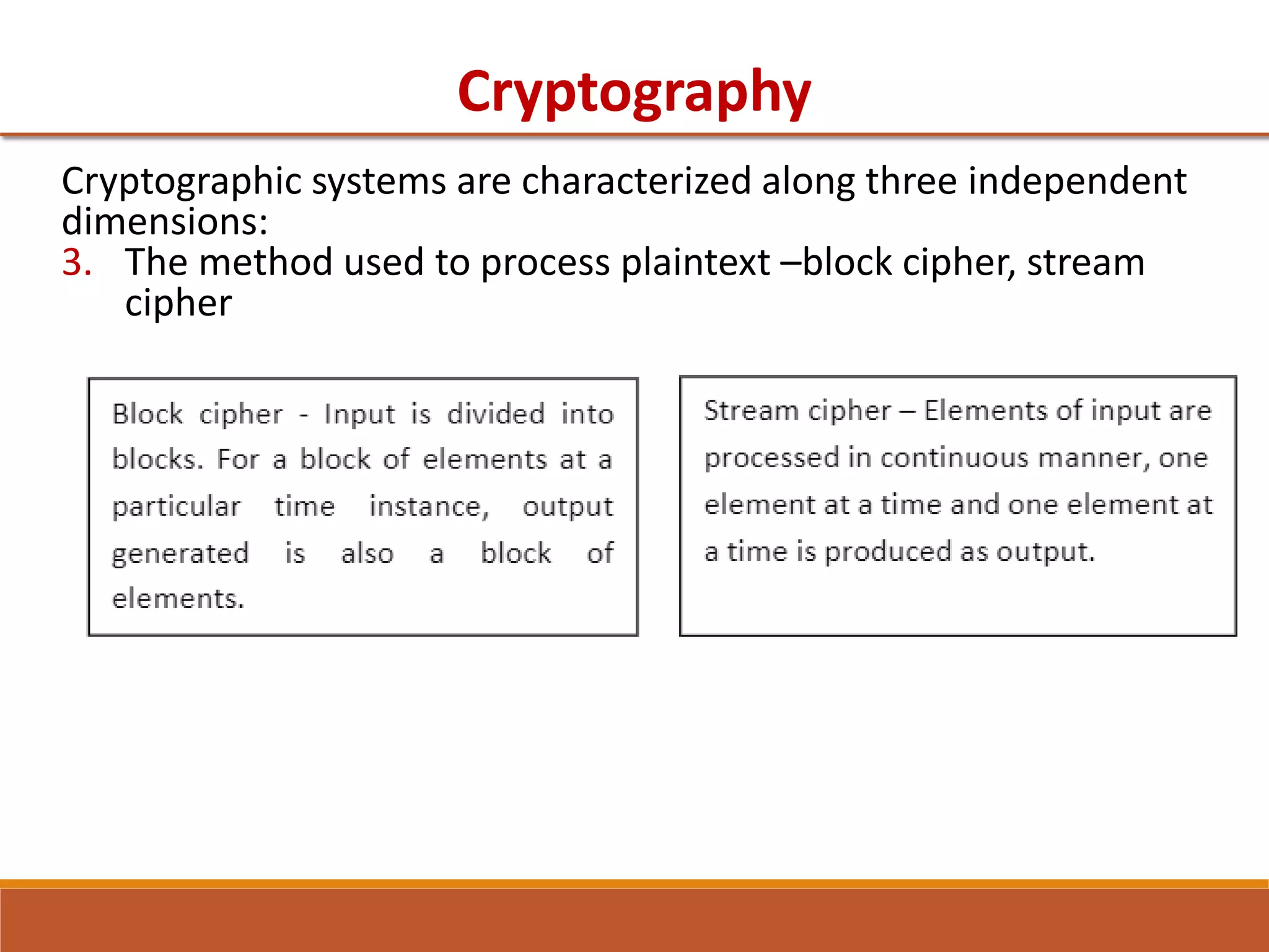 Cryptography
Cryptographic systems are characterized along three independent
dimensions:
3. The method used to process plaintext –block cipher, stream
cipher
 