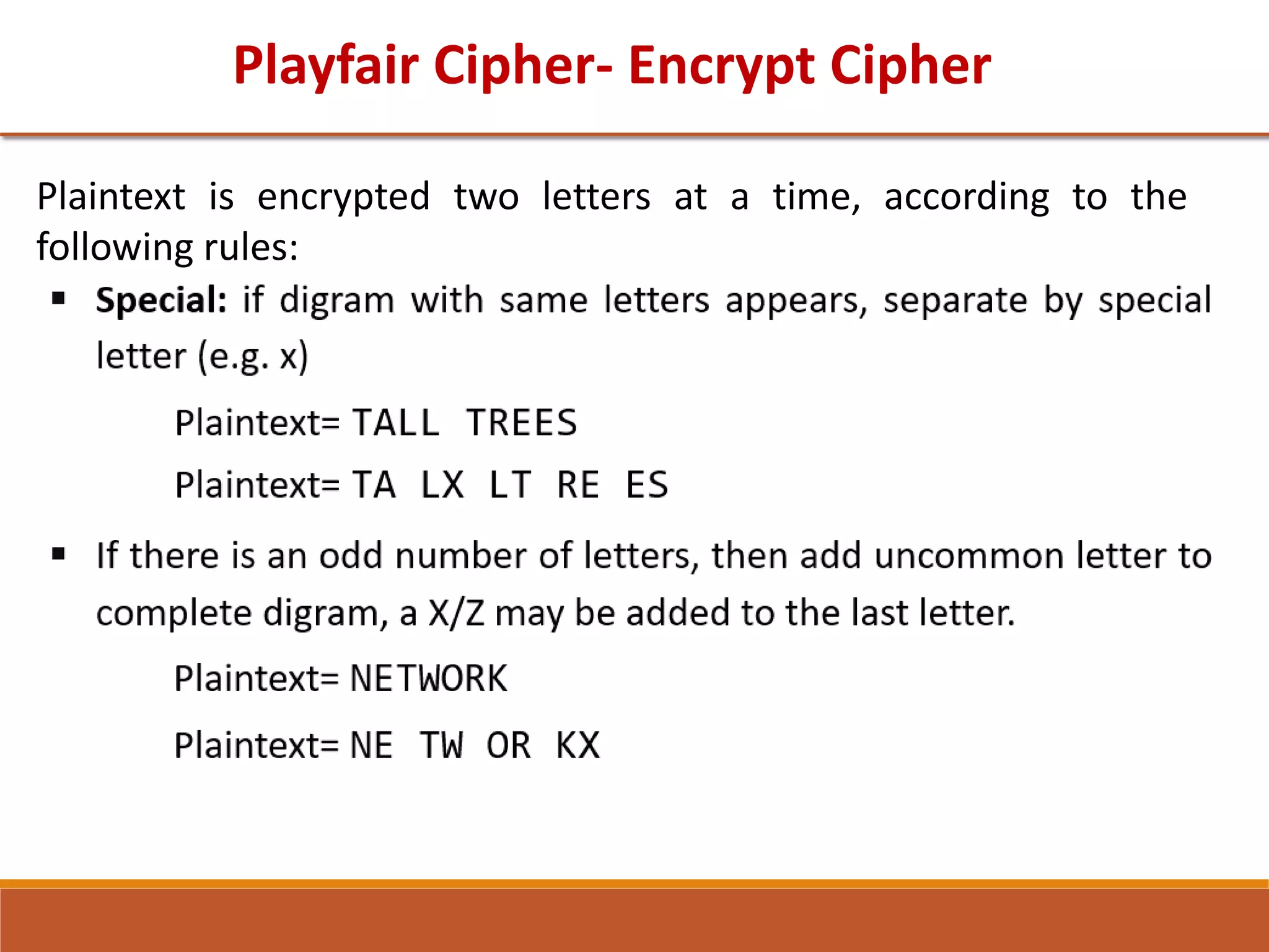 Playfair Cipher- Encrypt Cipher
Plaintext is encrypted two letters at a time, according to the
following rules:
 