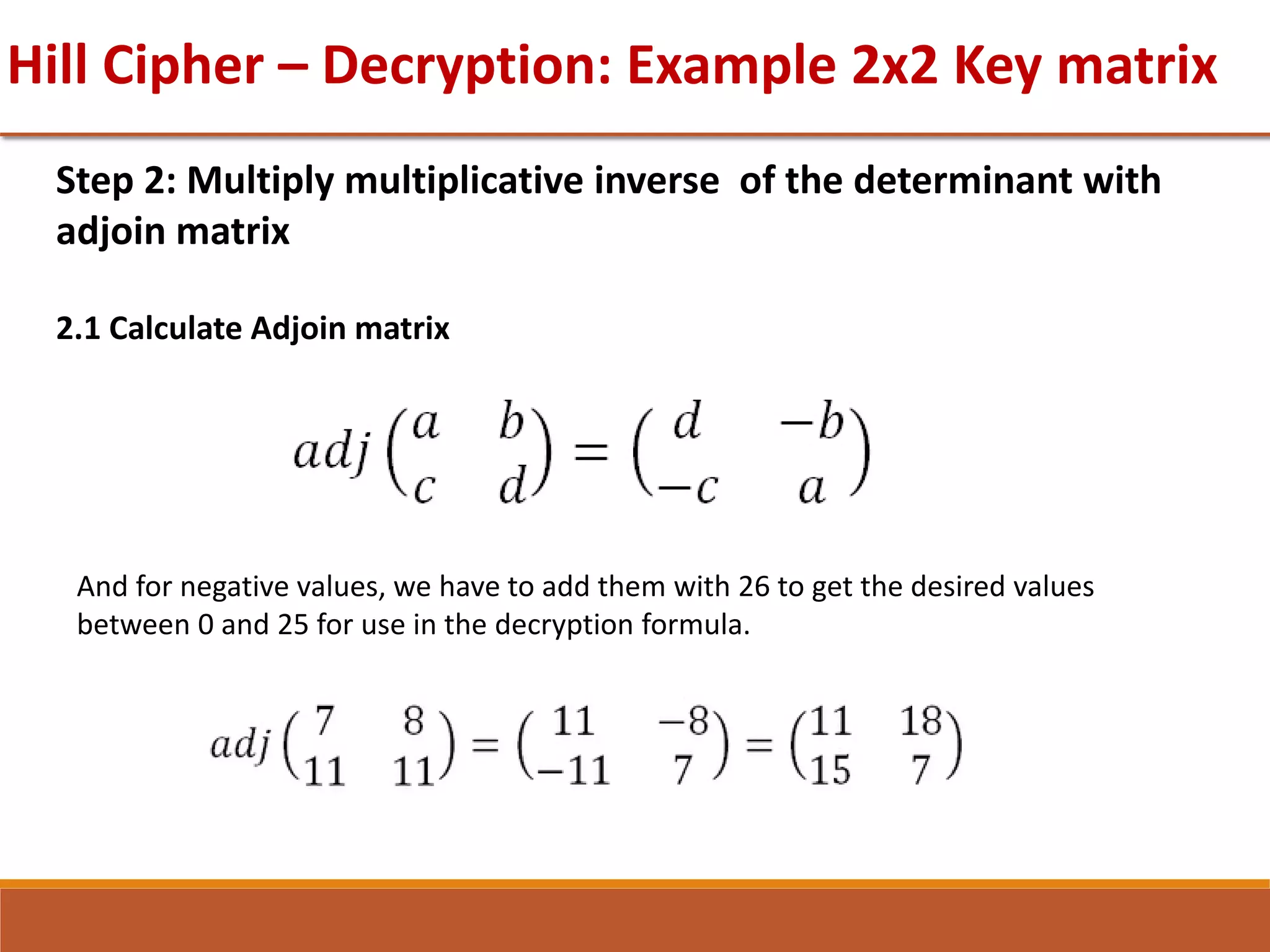 Hill Cipher – Decryption: Example 2x2 Key matrix
Step 2: Multiply multiplicative inverse of the determinant with
adjoin matrix
2.1 Calculate Adjoin matrix
And for negative values, we have to add them with 26 to get the desired values
between 0 and 25 for use in the decryption formula.
 