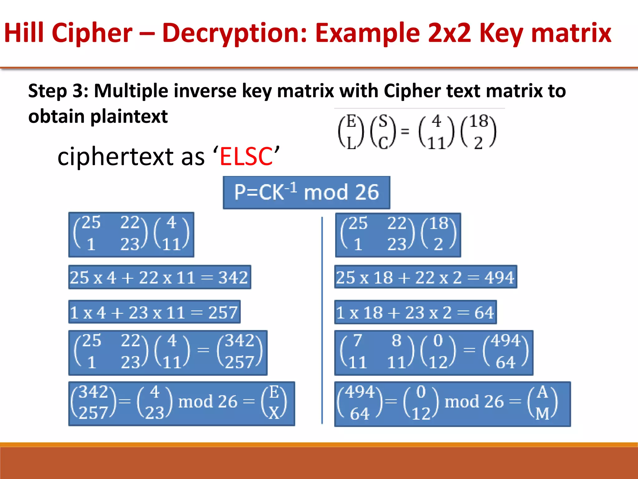 Hill Cipher – Decryption: Example 2x2 Key matrix
Step 3: Multiple inverse key matrix with Cipher text matrix to
obtain plaintext
ciphertext as ‘ELSC’
 