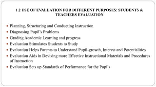 1.2 USE OF EVALUATION FOR DIFFERENT PURPOSES: STUDENTS &
TEACHERS EVALUATION
 Planning, Structuring and Conducting Instruction
 Diagnosing Pupil’s Problems
 Grading Academic Learning and progress
 Evaluation Stimulates Students to Study
 Evaluation Helps Parents to Understand Pupil-growth, Interest and Potentialities
 Evaluation Aids in Devising more Effective Instructional Materials and Procedures
of Instruction
 Evaluation Sets up Standards of Performance for the Pupils
 
