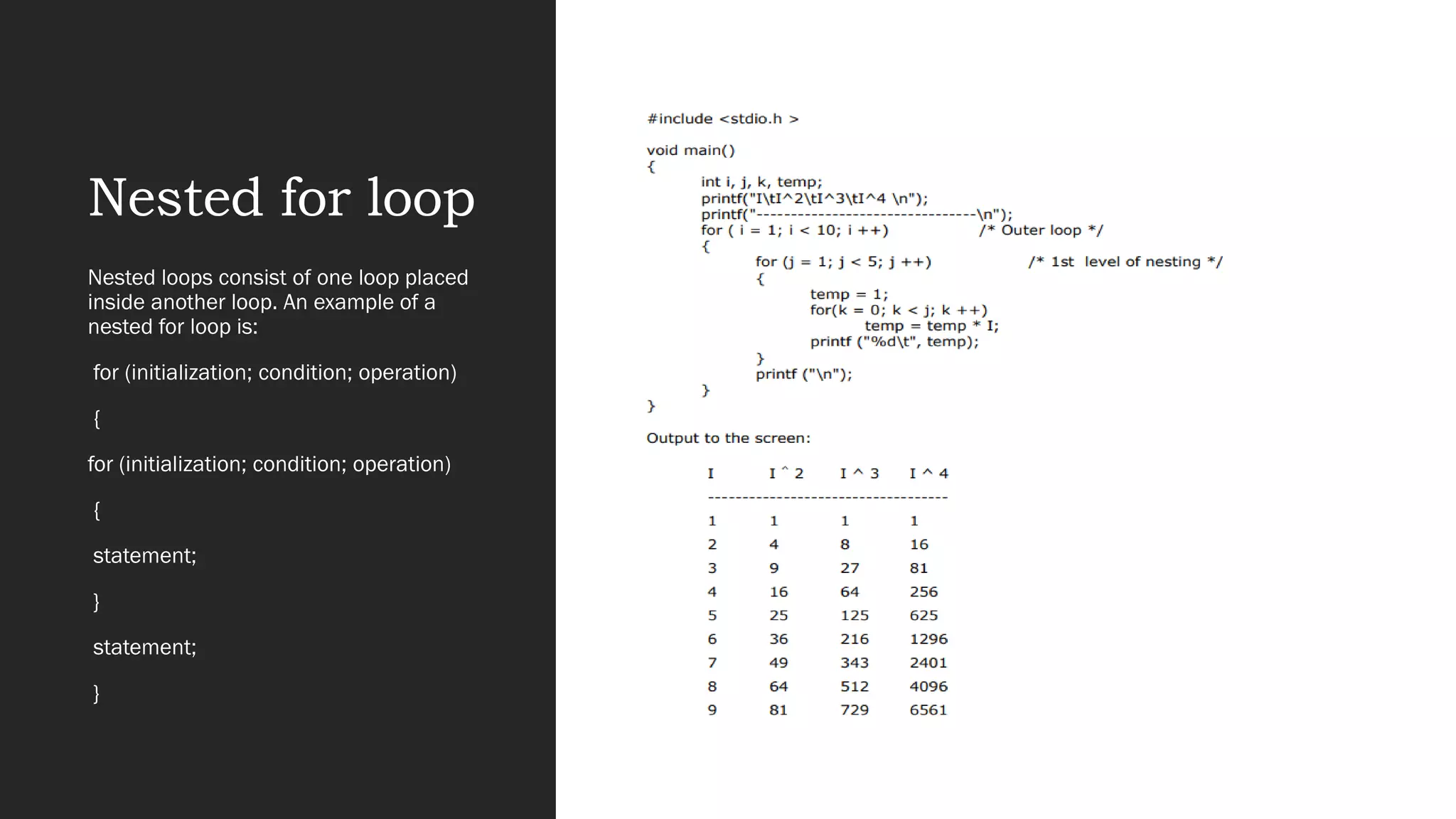 Nested for loop
Nested loops consist of one loop placed
inside another loop. An example of a
nested for loop is:
for (initialization; condition; operation)
{
for (initialization; condition; operation)
{
statement;
}
statement;
}
 