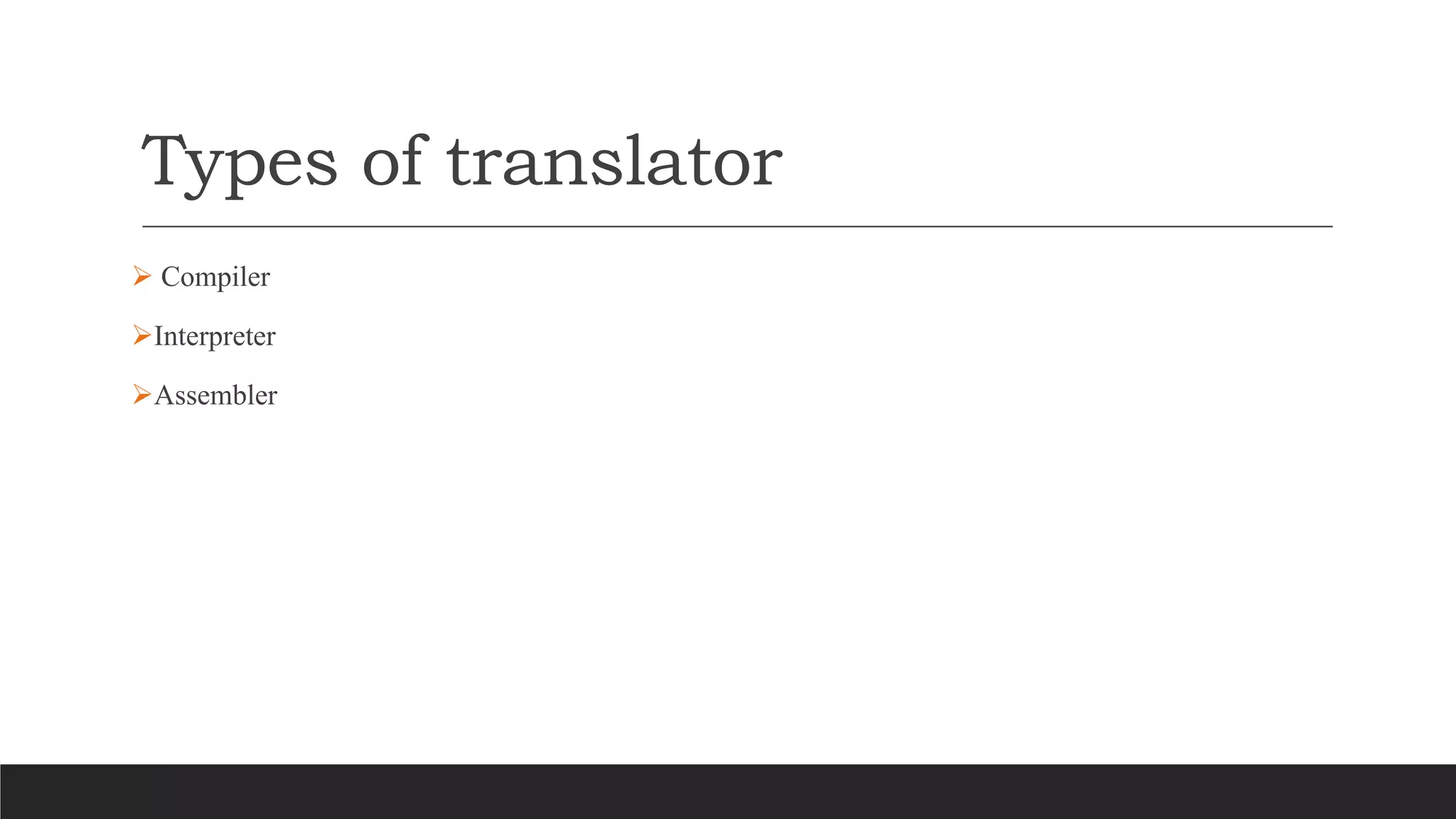 Types of translator
 Compiler
Interpreter
Assembler
 