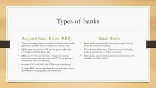 Types of banks
Regional Rural Banks (RRB)
• These are unique types of commercial banks that lend to
agriculture and the rural economy at a reduced rate.
• RRBs were founded in 1975 and are governed by the
1976 Regional Rural Bank Act.
• RRBs are 50/50 joint ventures between the federal
government and state governments (15%), as well as a
commercial bank (35 percent ).
• Between 1987 and 2005, 196 RRBs were established.
• A single RRB cannot open branches in more than three
districts that are geographically connected.
Retail Banks
• Retail banks are probably what most people think of
when they think of banking.
• These banks offer loans, deposit accounts and other
banking services to everyday customers.
• Retail banks can be brick-and-mortar institutions with
branches or online banks.
 