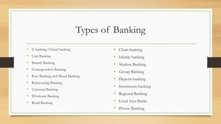 Types of Banking
• E banking/Virtual banking
• Unit Banking
• Branch Banking
• Correspondent Banking
• Pure Banking and Mixed Banking
• Relationship Banking
• Universal Banking
• Wholesale Banking
• Retail Banking
• Chain banking
• Islamic banking
• Shadow Banking
• Group Banking
• Deposit banking
• Investment banking
• Regional Banking
• Local Area Banks
• Private Banking
 