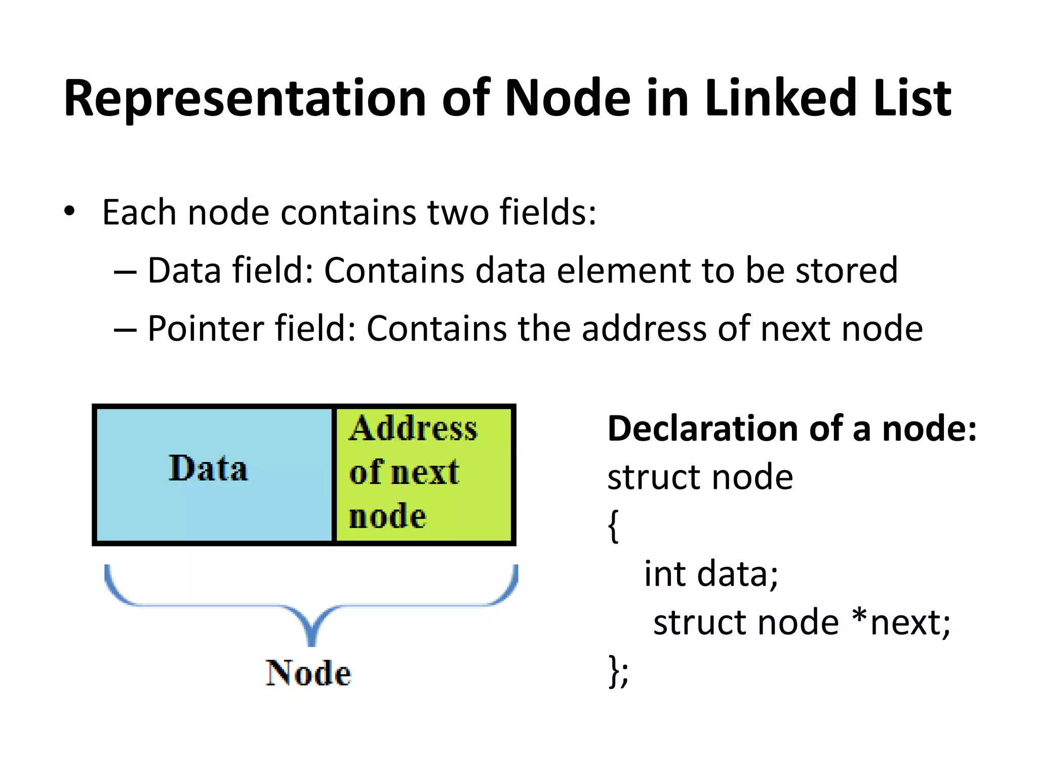 • Each node contains two fields:
– Data field: Contains data element to be stored
– Pointer field: Contains the address of next node
Representation of Node in Linked List
Declaration of a node:
struct node
{
int data;
struct node *next;
};
 