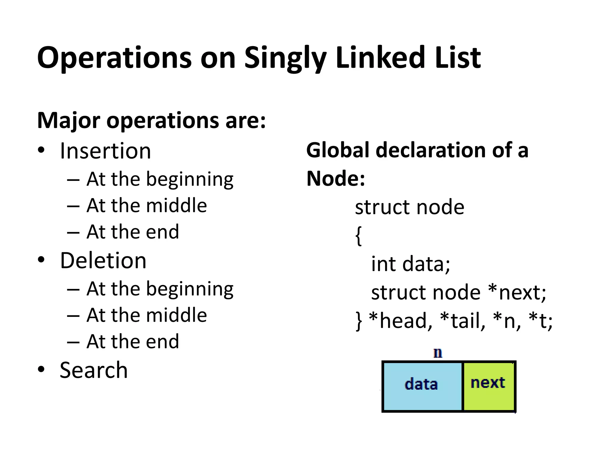 Major operations are:
• Insertion
– At the beginning
– At the middle
– At the end
• Deletion
– At the beginning
– At the middle
– At the end
• Search
Operations on Singly Linked List
Global declaration of a
Node:
struct node
{
int data;
struct node *next;
} *head, *tail, *n, *t;
 