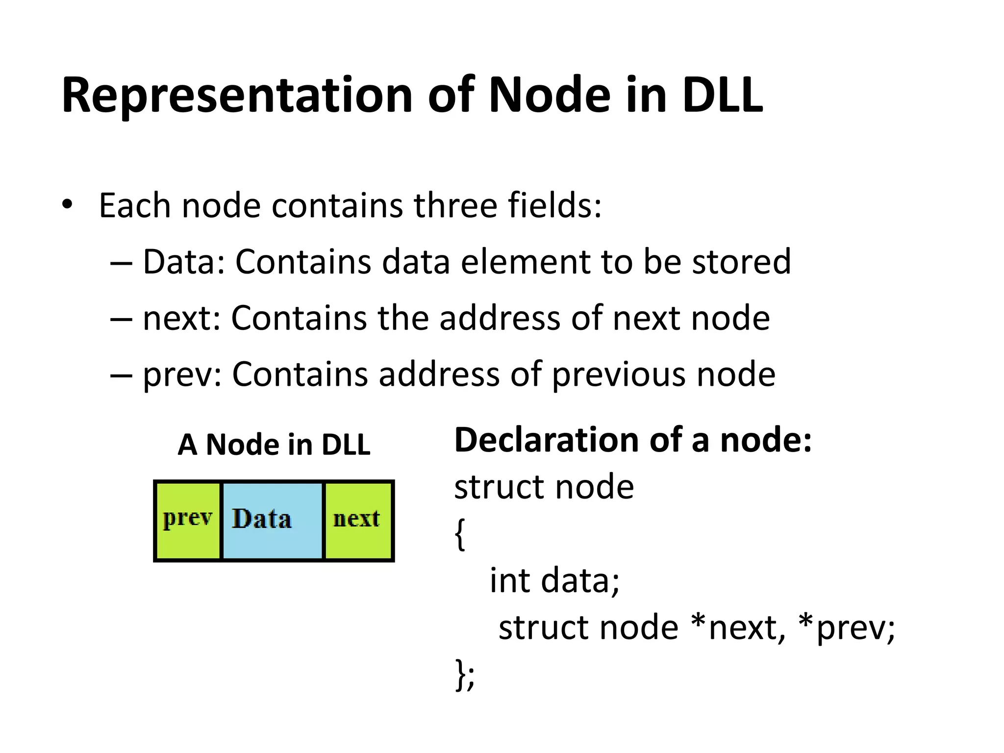 • Each node contains three fields:
– Data: Contains data element to be stored
– next: Contains the address of next node
– prev: Contains address of previous node
Representation of Node in DLL
Declaration of a node:
struct node
{
int data;
struct node *next, *prev;
};
A Node in DLL
 