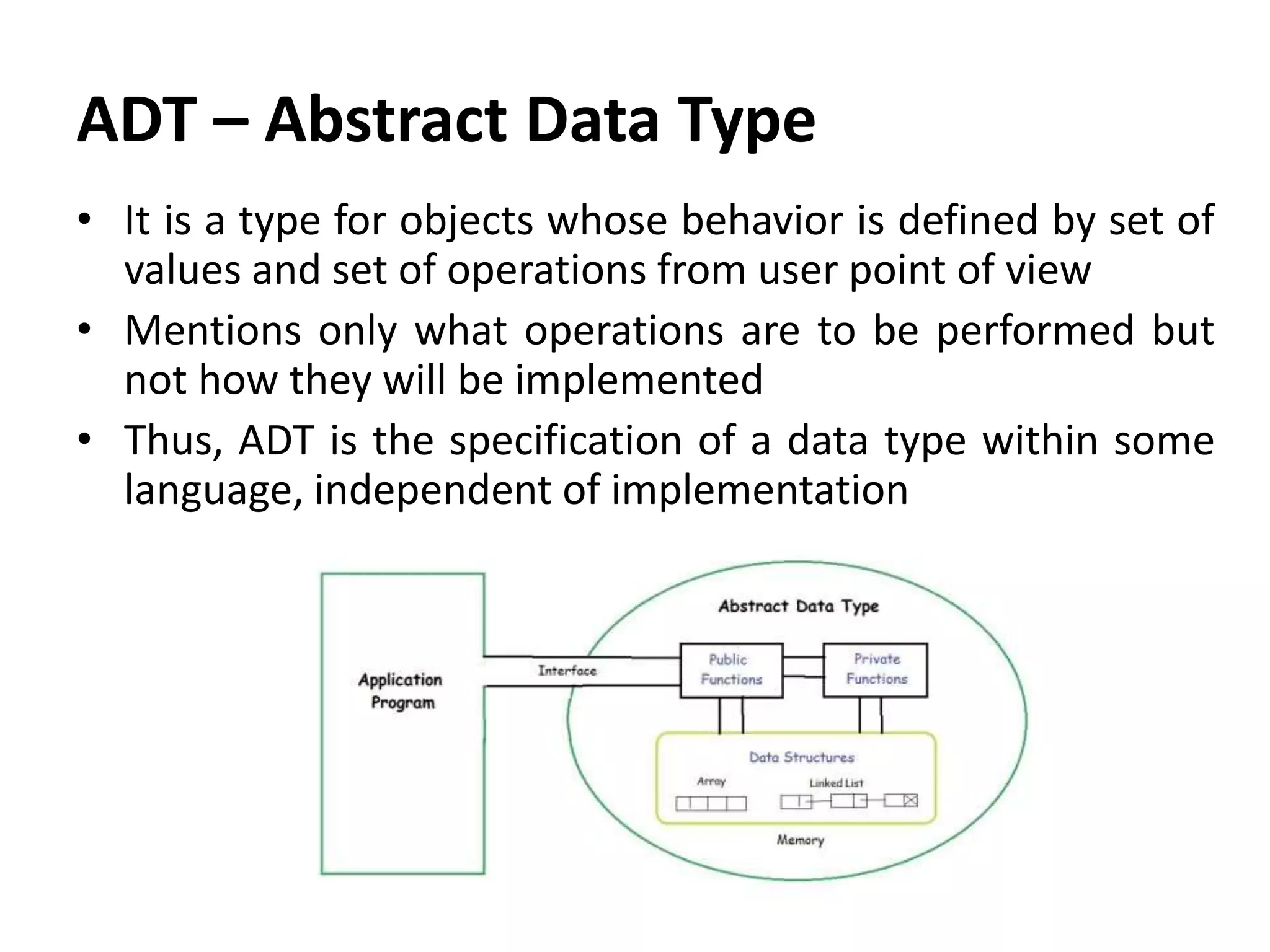 • It is a type for objects whose behavior is defined by set of
values and set of operations from user point of view
• Mentions only what operations are to be performed but
not how they will be implemented
• Thus, ADT is the specification of a data type within some
language, independent of implementation
ADT – Abstract Data Type
 