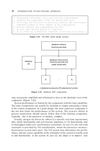 28 INTRODUCTION TO THE SYSTEMS APPROACH
P1
Idealized interconnect
(fixed accesstime and
ample bandw idth)
Idealized memory
(fixed accesstime)
Idealized
I/O
Figure 1.21 The SOC initial design process.
...
n idealized processors (P) selected by function
Figure 1.22 Idealized SOC components.
step, necessarily simplified and referenced to here as the idealized view of the
component (Figure 1.22).
System performance is limited by the component with the least capability.
The other co mponents can usually be modeled as simply presenting a delay
to the critical component. In a good design, the most expensive component is
the one that limits the performance of the syste m. The syste m’s ability to
process transactions should closely follow that of the limiting co mponent.
Typically, this is the processor or memory complex.
Usually, designs are driven by either (1) a specific real-time require ment,
after which functionality and cost become important, or (2) functionality and/
or throughput under cost–performance constraints. In case (1), the real-time
constraint is provided by I/O consideration, which the processor–me mory–
interconnect syste m must meet. The I/O system then determines the perfor-
mance, and any excess capability of the remainder of the system is usually used
to add functionality to the system. In case (2), the object is to improve task
z
Pn
 