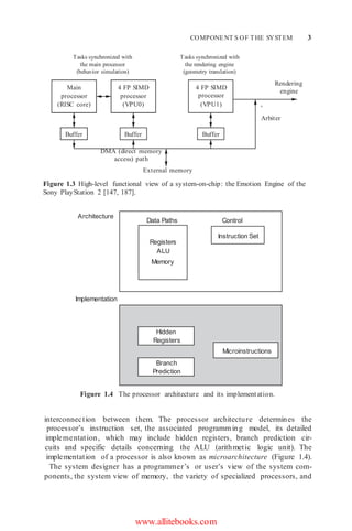 Buffer Buffer Buffer
Branch
Prediction
Microinstructions
Hidden
Registers
COMPONENT S OF THE SYSTEM 3
Tasks synchronized with
the main processor
(behavior simulation)
Tasks synchronized with
the rendering engine
(geometry translation)
Rendering
engine
+
Arbiter
DMA (direct memory
access) path
External memory
Figure 1.3 High-level functional view of a system-on-chip: the Emotion Engine of the
Sony PlayStation 2 [147, 187].
Architecture
Implementation
Figure 1.4 The processor architecture and its implementation.
interconnection between them. The processor architecture determines the
processor’s instruction set, the associated programming model, its detailed
implementation, which may include hidden registers, branch prediction cir-
cuits and specific details concerning the ALU (arithmetic logic unit). The
implementation of a processor is also known as microarchitecture (Figure 1.4).
The system designer has a programmer’s or user’s view of the system com-
ponents, the system view of memory, the variety of specialized processors, and
www.allitebooks.com
Data Paths Control
Instruction Set
Registers
ALU
Memory
4 FP SIMD
processor
(VPU1)
4 FP SIMD
processor
(VPU0)
Main
processor
(RISC core)
 