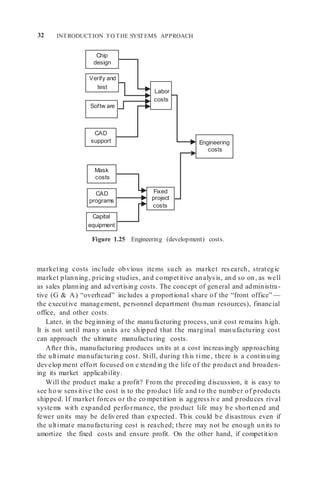 32 INTRODUCTION TO THE SYSTEMS APPROACH
CAD
support
Fixed
project
costs
Engineering
costs
Figure 1.25 Engineering (development) costs.
marketing costs include obvious items such as market research, strategic
market planning, pricing studies, and competitive analysis, and so on, as well
as sales planning and advertising costs. The concept of general and administra-
tive (G & A) “overhead” includes a proportional share of the “front office” —
the executive management, personnel department (human resources), financial
office, and other costs.
Later, in the beginning of the manufacturing process, unit cost remains high.
It is not until many units are shipped that the marginal manufacturing cost
can approach the ultimate manufacturing costs.
After this, manufacturing produces units at a cost increasingly approaching
the ultimate manufacturing cost. Still, during this time, there is a continuing
develop ment effort focused on e xtending the life of the product and broaden-
ing its market applicability.
Will the product make a profit? From the preceding discussion, it is easy to
see how sensitive the cost is to the product life and to the number of products
shipped. If market forces or the co mpetition is aggressive and produces rival
systems with expanded performance, the product life may be shortened and
fewer units may be delivered than expected. This could be disastrous even if
the ultimate manufacturing cost is reached; there may not be enough units to
amortize the fixed costs and ensure profit. On the other hand, if competition
Softw are
Labor
costs
Verify and
test
Chip
design
Capital
equipment
CAD
programs
Mask
costs
 