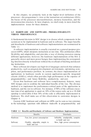 HARDWARE AND SOFTWARE 5
In this chapter, we primarily look at the higher-level definition of the
processor—the progra mmer’s view or the instruction set architecture (ISA),
the basics of the processor microarchitecture, me mory hierarchies, and the
interconnection structure. In later chapters, we shall study in more detail the
implementation issues for these elements.
1.3 HARDWARE AND SOFTWARE: PROGRAMMABILITY
VERSUS PERFORMANCE
A funda mental decision in SOC design is to choose which components in the
system are to be implemented in hardware and in software. The major benefits
and drawbacks of hardware and software implementations are su mmarized in
Table 1.1.
A software imple mentation is usually e xecuted on a general-purpose pro-
cessor (GPP), which interprets instructions at run time. This architecture offers
fle xibility and adaptability, and provides a way of sharing resources among
different applications; however, the hardware imple mentation of the ISA is
generally slower and more power hungry than implementing the correspond-
ing function directly in hardware without the overhead of fetching and decod-
ing instructions.
Most software developers use high-level languages and tools that enhance
productivity, such as progra m development environ ments, optimizing co m-
pilers, and performance profilers. In contrast, the direct implementation of
applications in hardware results in custom application -specific integrated
circuits (ASICs), which often provides high performance at the expense of
programmability—and hence flexibility, productivity, and cost.
Given that hardware and software have comple mentary features, many
SOC designs aim to combine the individual benefits of the two. The obvious
method is to implement the performance-critical parts of the application in
hardware, and the rest in software. For instance, if 90% of the software execu-
tion time of an application is spent on 10% of the source code, up to a 10-fold
speedup is achievable if that 10% of the code is efficiently imple mented in
hardware. We shall make use of this observation to custo mize designs in
Chapter 6.
Custom ASIC hardware and software on GPPs can be seen as two extremes
in the technology spectrum with different trade-offs in programmability and
TABLE 1.1 Benefits and Drawbacks of Software and Hardware Implementations
Benefits Drawbacks
Hardware Fast, low power consumption Inflexible, unadaptable, complex
to build and test
Software Flexible, adaptable, simple to
build and test
Slow, high power consumption
 