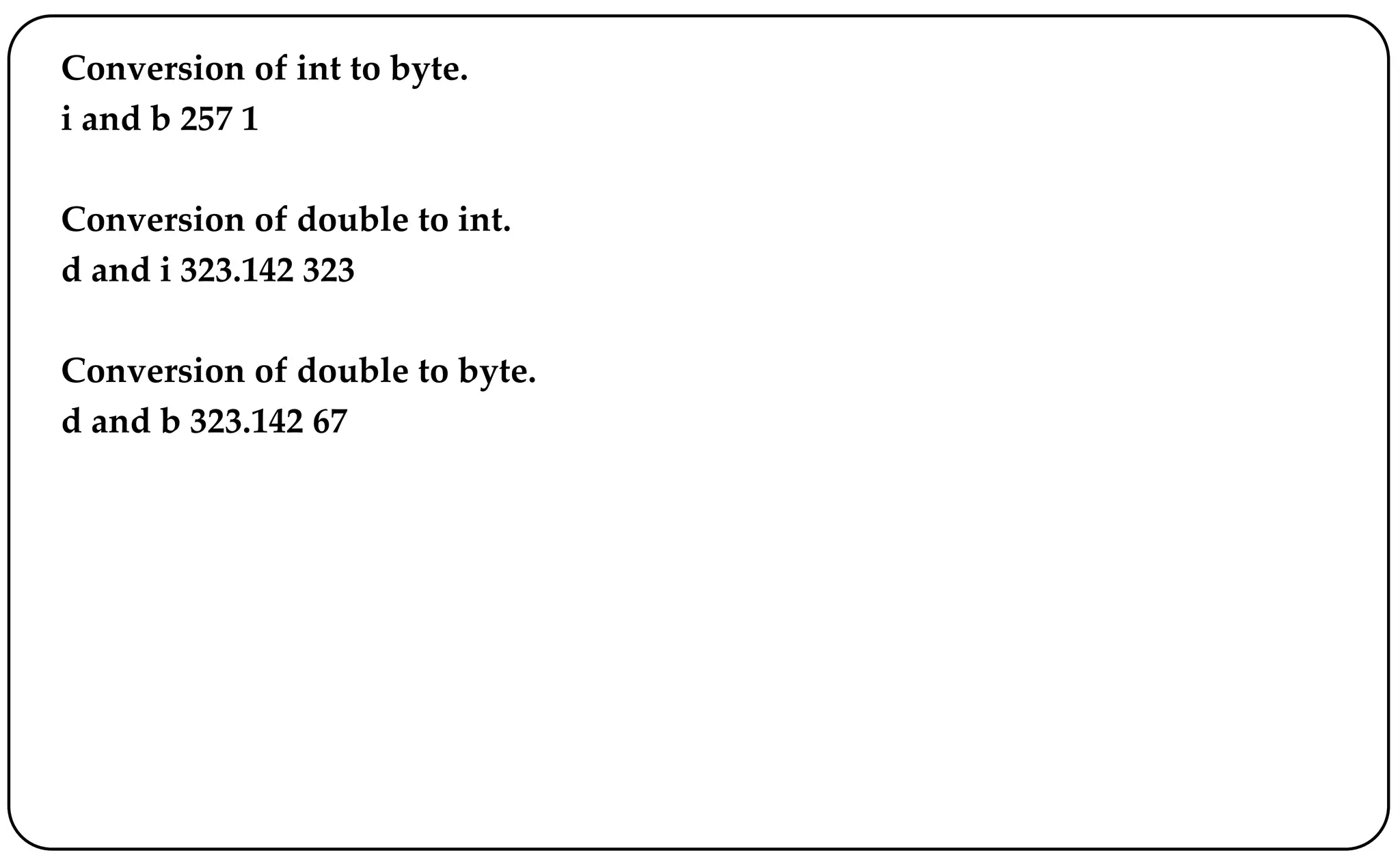 Conversion of int to byte.
i and b 257 1
Conversion of double to int.
d and i 323.142 323
Conversion of double to byte.
d and b 323.142 67
 