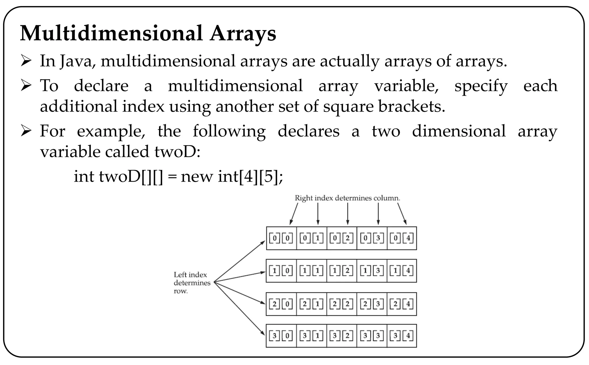 Multidimensional Arrays
 In Java, multidimensional arrays are actually arrays of arrays.
 To declare a multidimensional array variable, specify each
additional index using another set of square brackets.
 For example, the following declares a two dimensional array
variable called twoD:
int twoD[][] = new int[4][5];
 