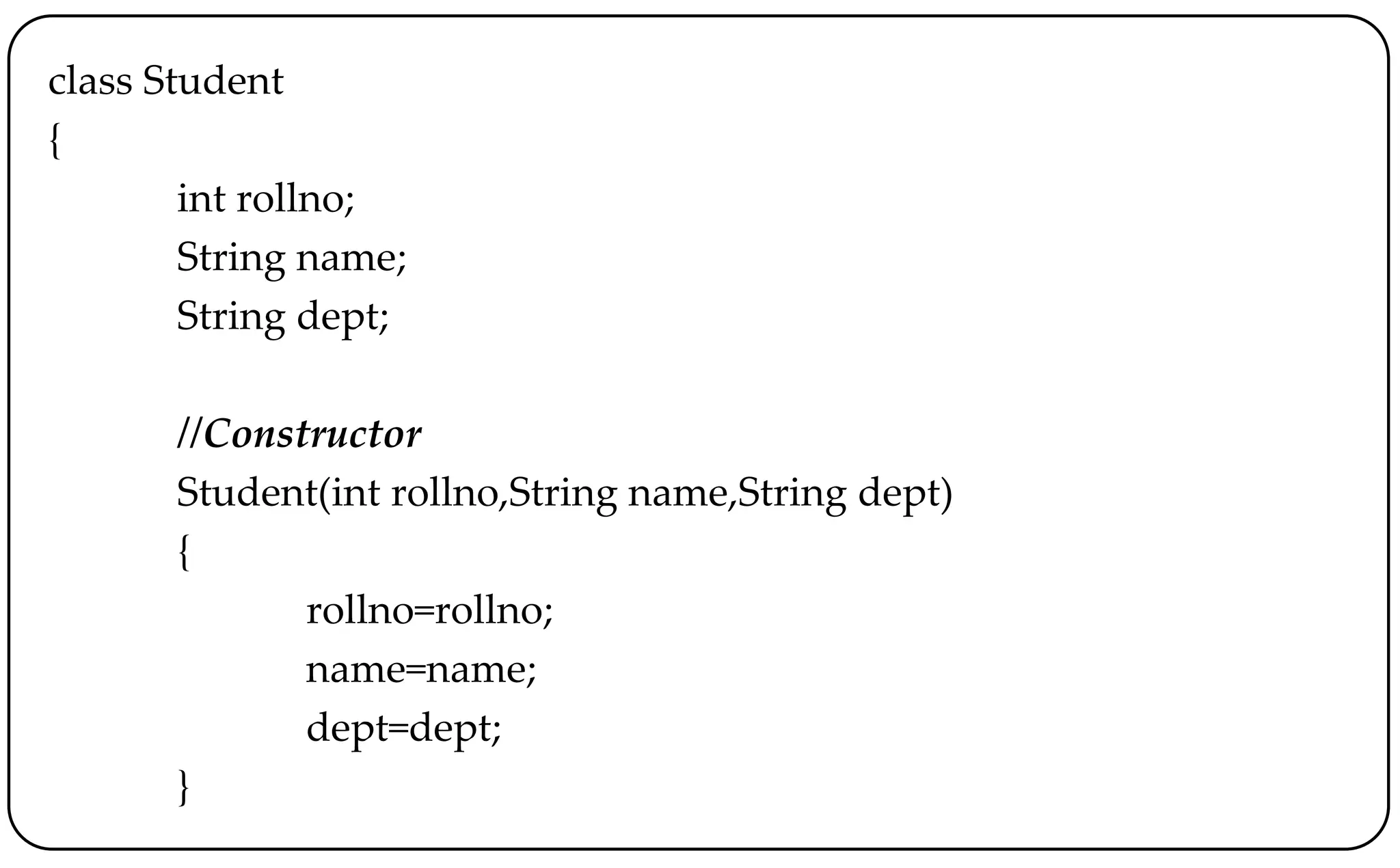 class Student
{
int rollno;
String name;
String dept;
//Constructor
Student(int rollno,String name,String dept)
{
rollno=rollno;
name=name;
dept=dept;
}
 