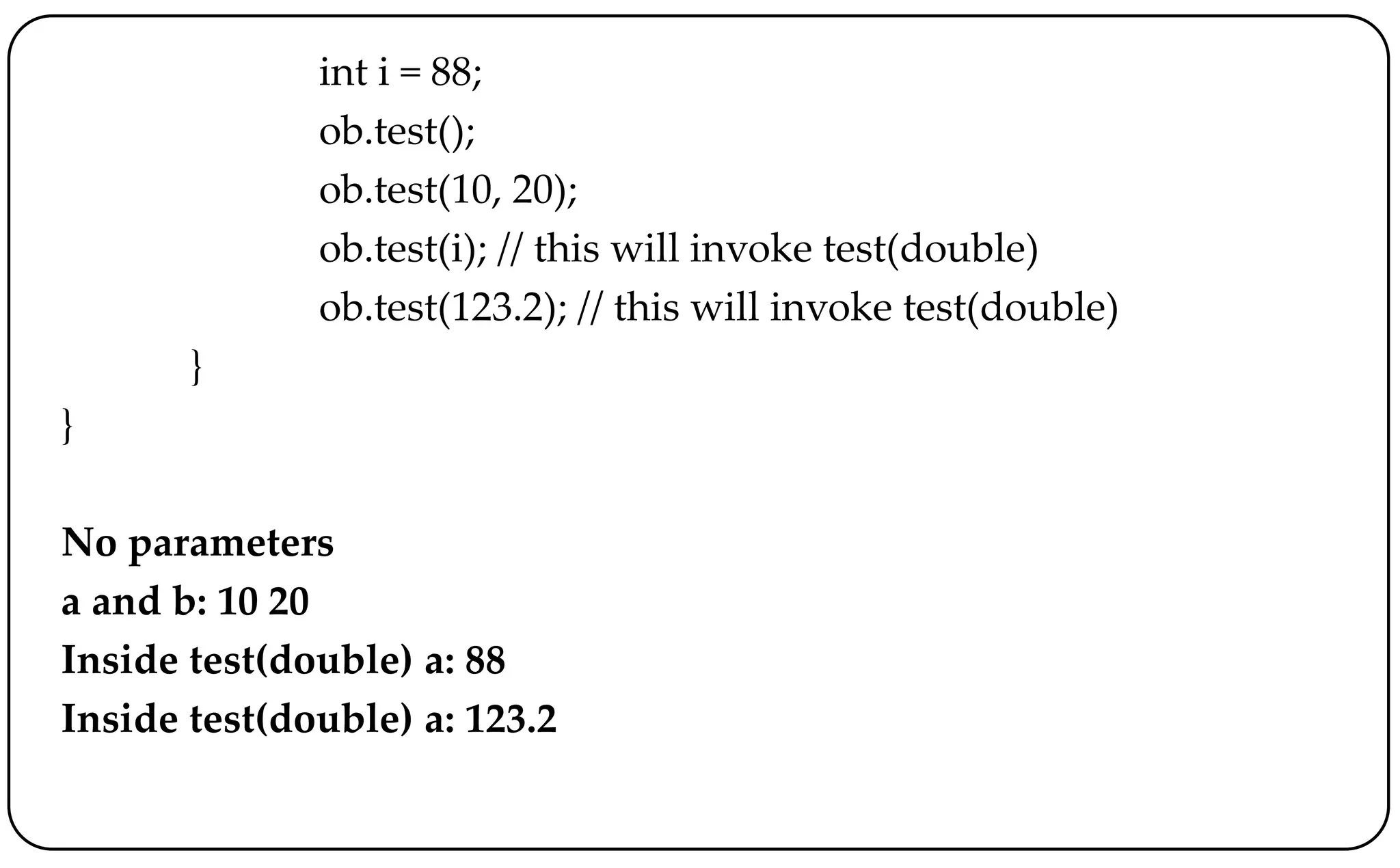 int i = 88;
ob.test();
ob.test(10, 20);
ob.test(i); // this will invoke test(double)
ob.test(123.2); // this will invoke test(double)
}
}
No parameters
a and b: 10 20
Inside test(double) a: 88
Inside test(double) a: 123.2
 