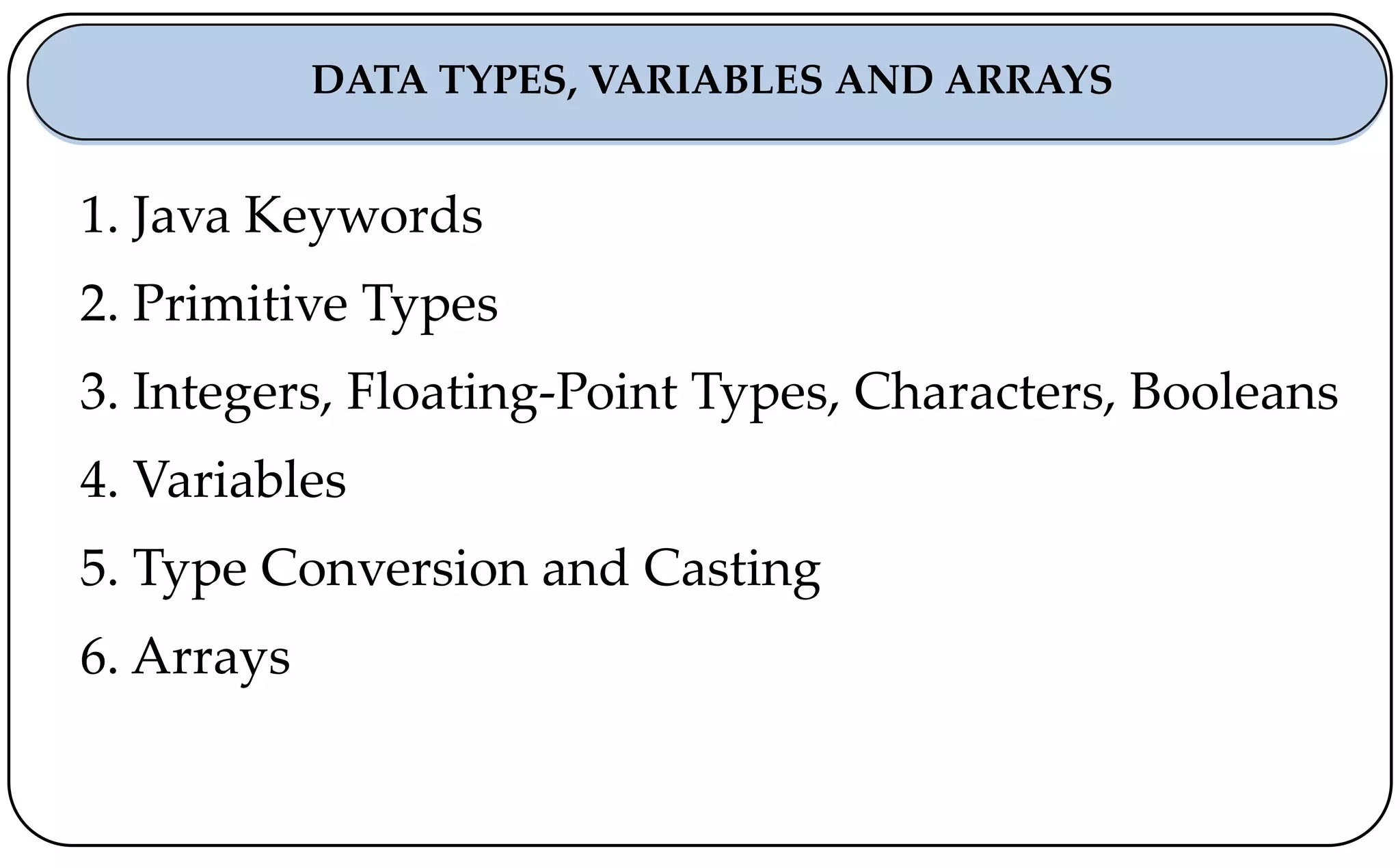 1. Java Keywords
2. Primitive Types
3. Integers, Floating-Point Types, Characters, Booleans
4. Variables
5. Type Conversion and Casting
6. Arrays
DATA TYPES, VARIABLES AND ARRAYS
 