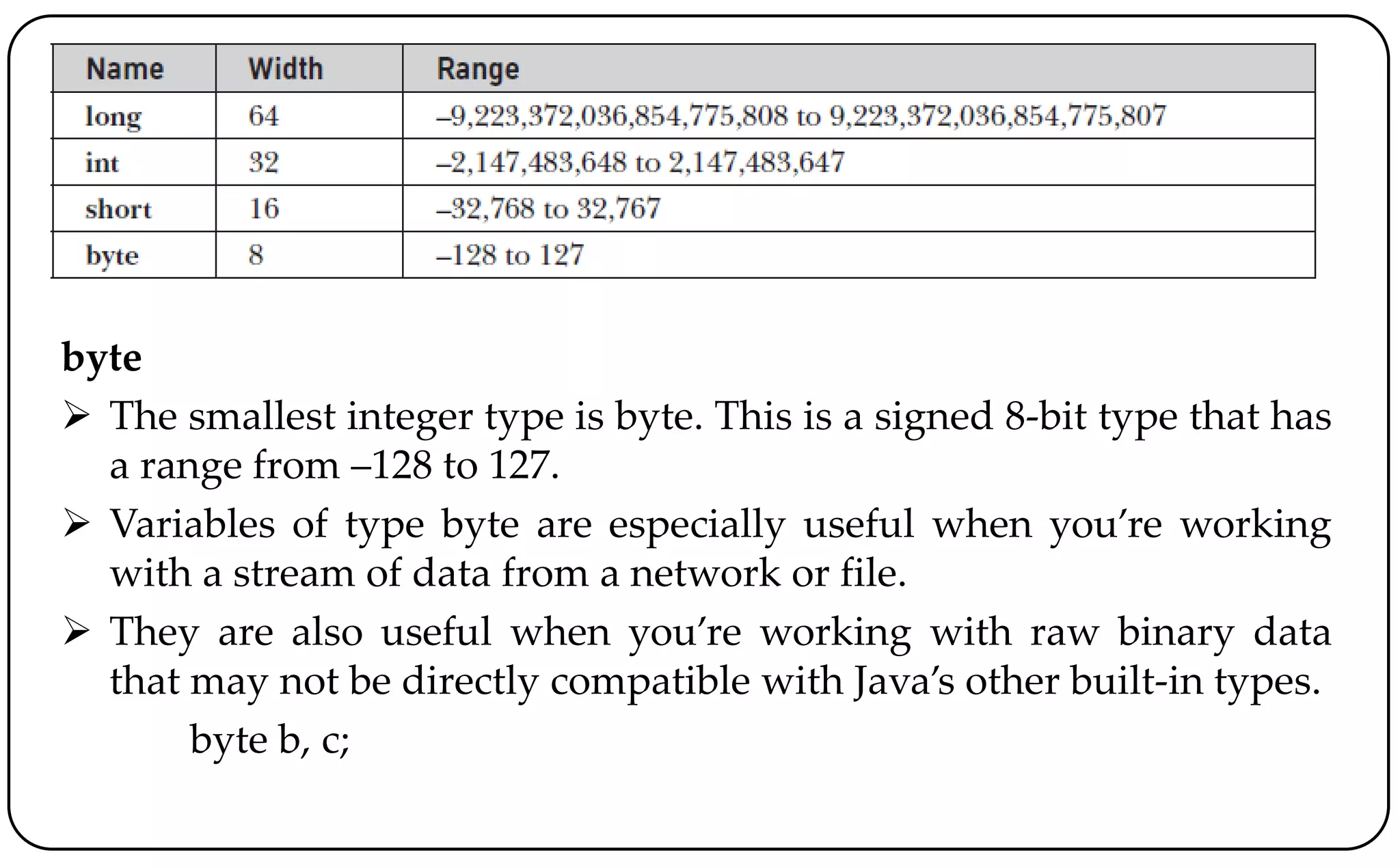 byte
 The smallest integer type is byte. This is a signed 8-bit type that has
a range from –128 to 127.
 Variables of type byte are especially useful when you’re working
with a stream of data from a network or file.
 They are also useful when you’re working with raw binary data
that may not be directly compatible with Java’s other built-in types.
byte b, c;
 