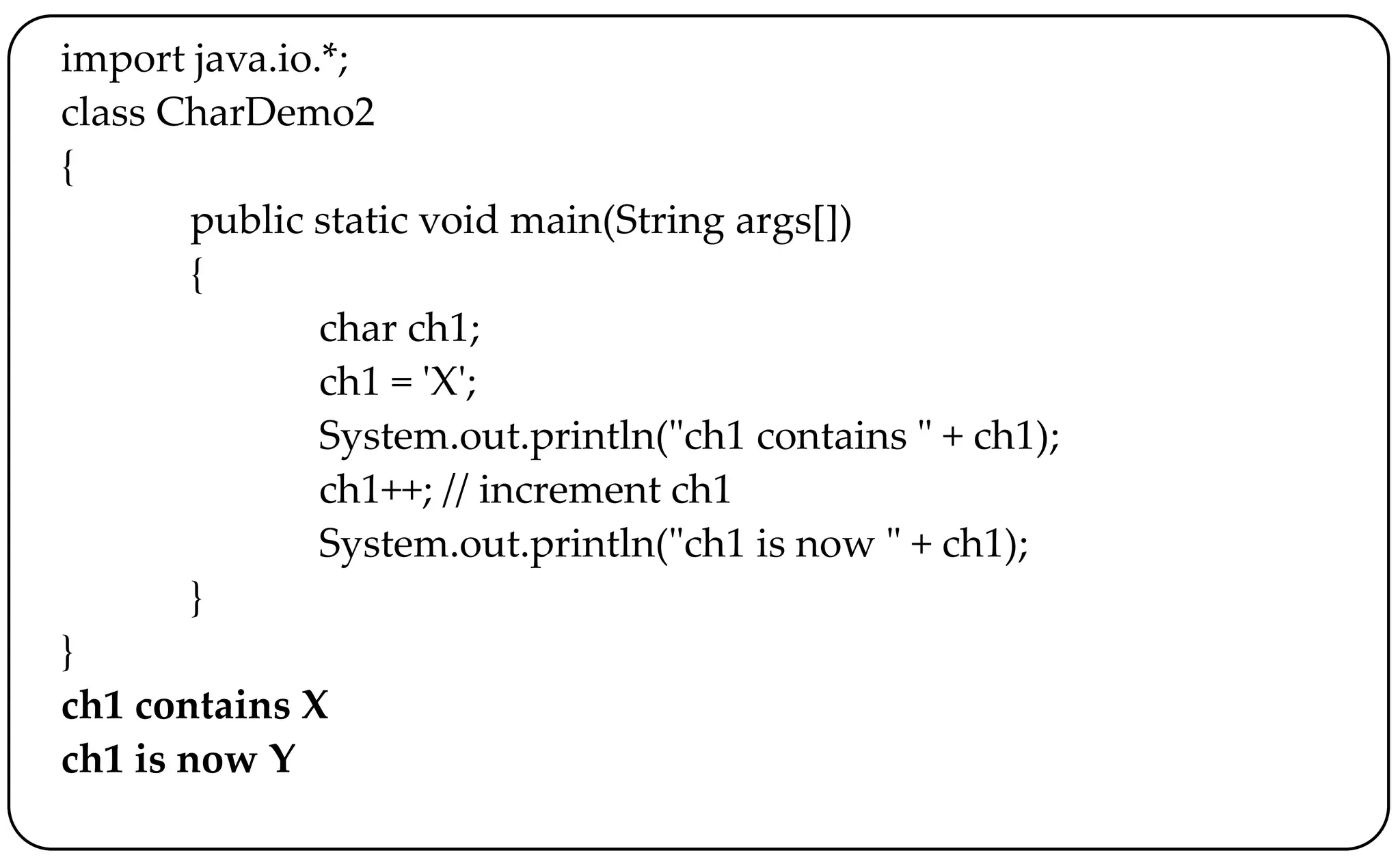 import java.io.*;
class CharDemo2
{
public static void main(String args[])
{
char ch1;
ch1 = 'X';
System.out.println("ch1 contains " + ch1);
ch1++; // increment ch1
System.out.println("ch1 is now " + ch1);
}
}
ch1 contains X
ch1 is now Y
 