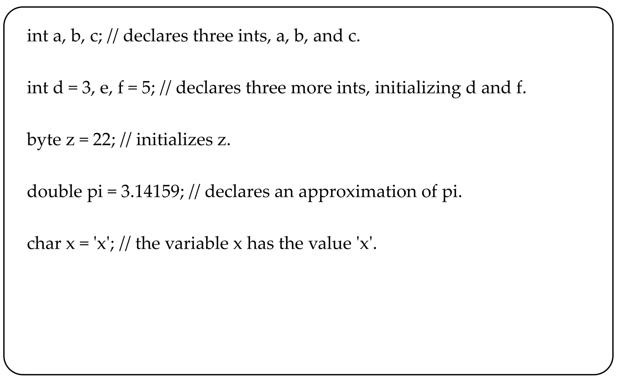 int a, b, c; // declares three ints, a, b, and c.
int d = 3, e, f = 5; // declares three more ints, initializing d and f.
byte z = 22; // initializes z.
double pi = 3.14159; // declares an approximation of pi.
char x = 'x'; // the variable x has the value 'x'.
 