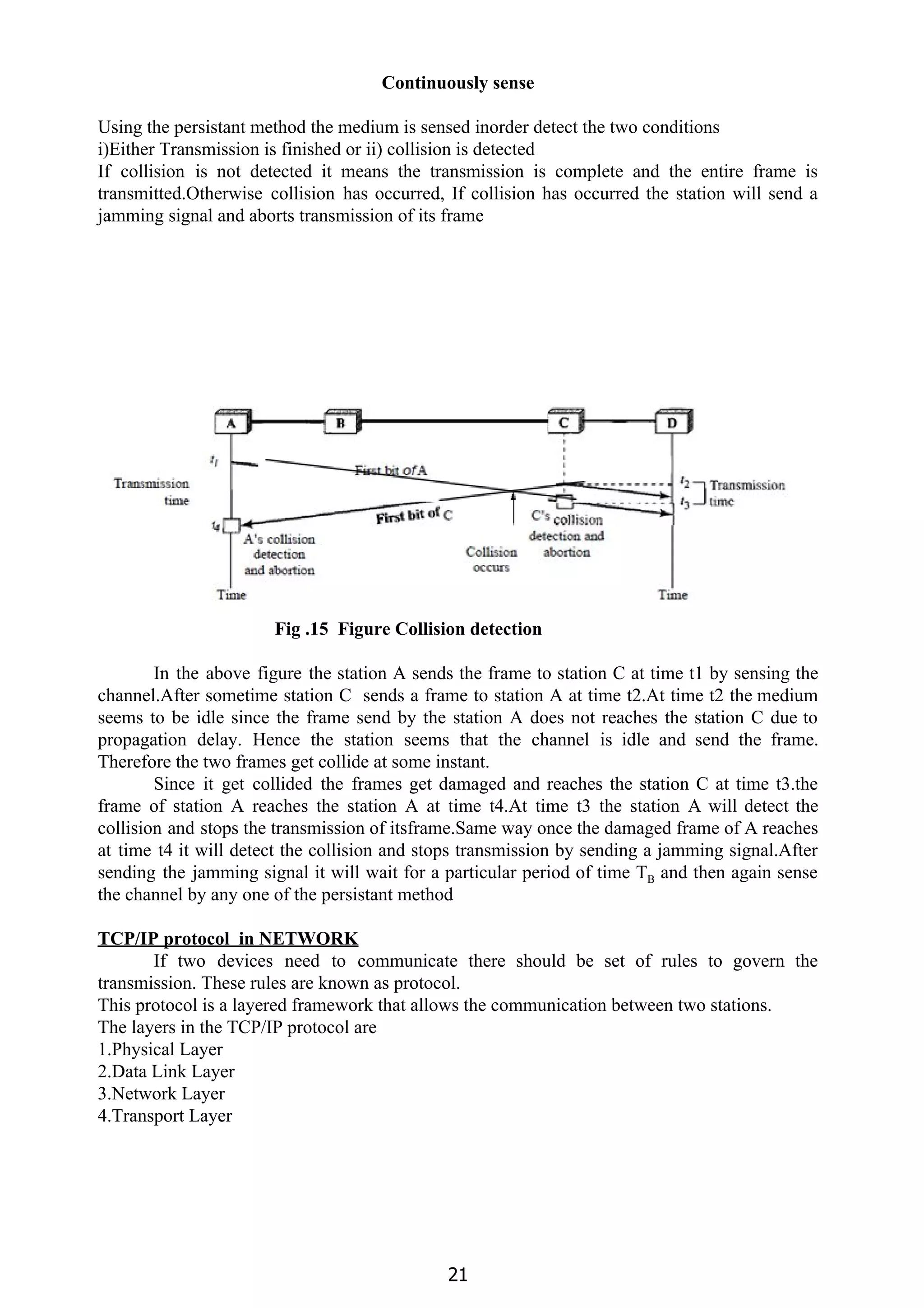 Continuously sense
Using the persistant method the medium is sensed inorder detect the two conditions
i)Either Transmission is finished or ii) collision is detected
If collision is not detected it means the transmission is complete and the entire frame is
transmitted.Otherwise collision has occurred, If collision has occurred the station will send a
jamming signal and aborts transmission of its frame
Fig .15 Figure Collision detection
In the above figure the station A sends the frame to station C at time t1 by sensing the
channel.After sometime station C sends a frame to station A at time t2.At time t2 the medium
seems to be idle since the frame send by the station A does not reaches the station C due to
propagation delay. Hence the station seems that the channel is idle and send the frame.
Therefore the two frames get collide at some instant.
Since it get collided the frames get damaged and reaches the station C at time t3.the
frame of station A reaches the station A at time t4.At time t3 the station A will detect the
collision and stops the transmission of itsframe.Same way once the damaged frame of A reaches
at time t4 it will detect the collision and stops transmission by sending a jamming signal.After
sending the jamming signal it will wait for a particular period of time T​B and then again sense
the channel by any one of the persistant method
TCP/IP protocol in NETWORK
If two devices need to communicate there should be set of rules to govern the
transmission. These rules are known as protocol.
This protocol is a layered framework that allows the communication between two stations.
The layers in the TCP/IP protocol are
1.Physical Layer
2.Data Link Layer
3.Network Layer
4.Transport Layer
21
 