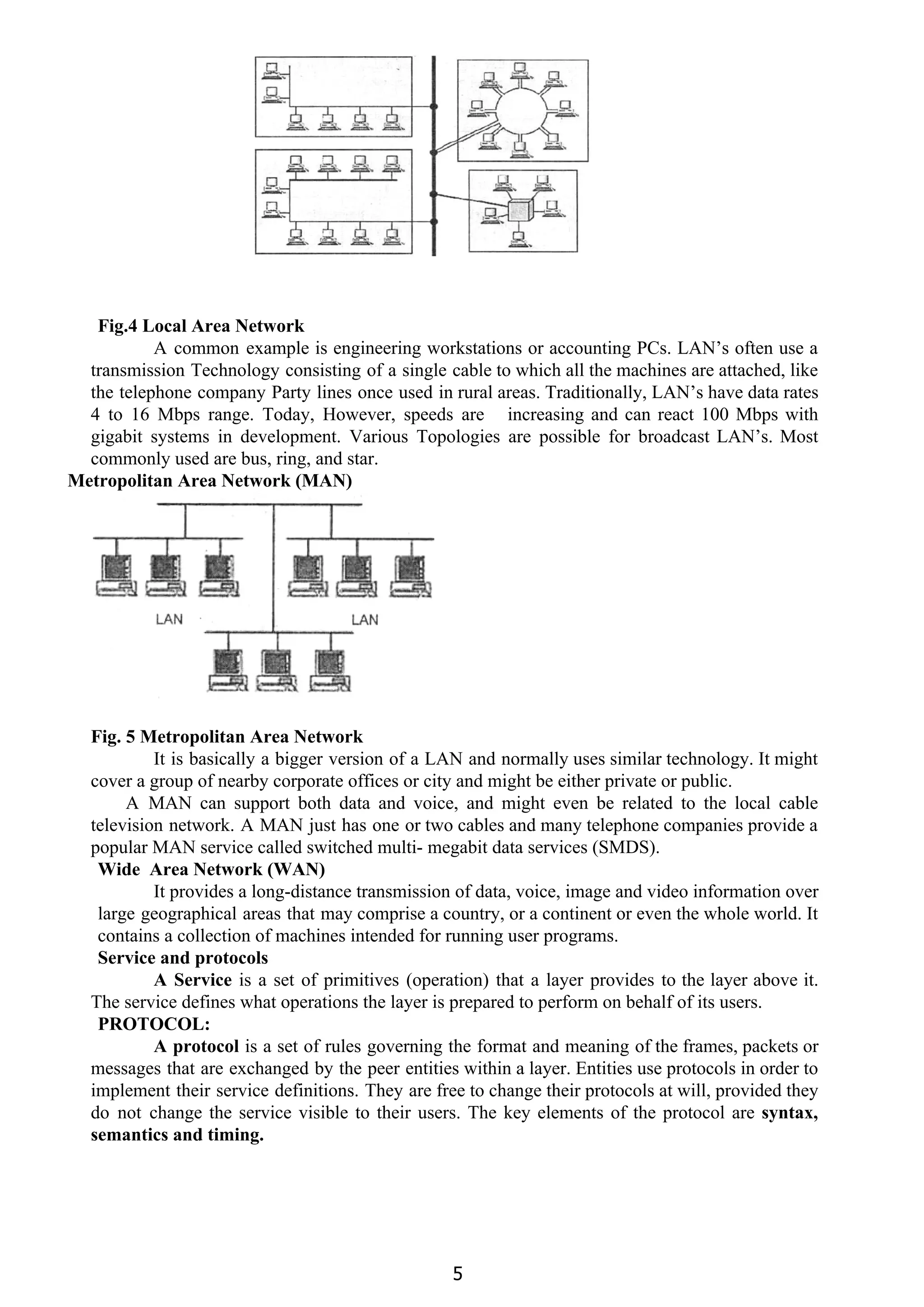  
Fig.4 Local Area Network
A common example is engineering workstations or accounting PCs. LAN’s often use a
transmission Technology consisting of a single cable to which all the machines are attached, like
the telephone company Party lines once used in rural areas. Traditionally, LAN’s have data rates
4 to 16 Mbps range. Today, However, speeds are increasing and can react 100 Mbps with
gigabit systems in development. Various Topologies are possible for broadcast LAN’s. Most
commonly used are bus, ring, and star.
Metropolitan Area Network (MAN)
Fig. 5 Metropolitan Area Network
It is basically a bigger version of a LAN and normally uses similar technology. It might
cover a group of nearby corporate offices or city and might be either private or public.
A MAN can support both data and voice, and might even be related to the local cable
television network. A MAN just has one or two cables and many telephone companies provide a
popular MAN service called switched multi- megabit data services (SMDS).
Wide Area Network (WAN)
It provides a long-distance transmission of data, voice, image and video information over
large geographical areas that may comprise a country, or a continent or even the whole world. It
contains a collection of machines intended for running user programs.
Service and protocols
A Service ​is a set of primitives (operation) that a layer provides to the layer above it.
The service defines what operations the layer is prepared to perform on behalf of its users.
PROTOCOL:
A protocol ​is a set of rules governing the format and meaning of the frames, packets or
messages that are exchanged by the peer entities within a layer. Entities use protocols in order to
implement their service definitions. They are free to change their protocols at will, provided they
do not change the service visible to their users. The key elements of the protocol are ​syntax,
semantics and timing.
5
 