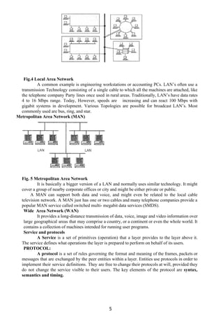  
Fig.4 Local Area Network
A common example is engineering workstations or accounting PCs. LAN’s often use a
transmission Technology consisting of a single cable to which all the machines are attached, like
the telephone company Party lines once used in rural areas. Traditionally, LAN’s have data rates
4 to 16 Mbps range. Today, However, speeds are increasing and can react 100 Mbps with
gigabit systems in development. Various Topologies are possible for broadcast LAN’s. Most
commonly used are bus, ring, and star.
Metropolitan Area Network (MAN)
Fig. 5 Metropolitan Area Network
It is basically a bigger version of a LAN and normally uses similar technology. It might
cover a group of nearby corporate offices or city and might be either private or public.
A MAN can support both data and voice, and might even be related to the local cable
television network. A MAN just has one or two cables and many telephone companies provide a
popular MAN service called switched multi- megabit data services (SMDS).
Wide Area Network (WAN)
It provides a long-distance transmission of data, voice, image and video information over
large geographical areas that may comprise a country, or a continent or even the whole world. It
contains a collection of machines intended for running user programs.
Service and protocols
A Service ​is a set of primitives (operation) that a layer provides to the layer above it.
The service defines what operations the layer is prepared to perform on behalf of its users.
PROTOCOL:
A protocol ​is a set of rules governing the format and meaning of the frames, packets or
messages that are exchanged by the peer entities within a layer. Entities use protocols in order to
implement their service definitions. They are free to change their protocols at will, provided they
do not change the service visible to their users. The key elements of the protocol are ​syntax,
semantics and timing.
5
 