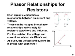 Phasor Relationships for
Resistors
• Each circuit element has a
relationship between its current and
voltage.
• These can be mapped into phasor
relationships very simply for
resistors capacitors and inductor.
• For the resistor, the voltage and
current are related via Ohm’s law.
• As such, the voltage and current are
in phase with each other.
21
 