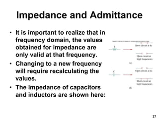 Impedance and Admittance
• It is important to realize that in
frequency domain, the values
obtained for impedance are
only valid at that frequency.
• Changing to a new frequency
will require recalculating the
values.
• The impedance of capacitors
and inductors are shown here:
27
 