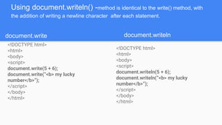 Using document.writeln() -method is identical to the write() method, with
the addition of writing a newline character after each statement.
<!DOCTYPE html>
<html>
<body>
<script>
document.write(5 + 6);
document.write(“<b> my lucky
number</b>”);
</script>
</body>
</html>
<!DOCTYPE html>
<html>
<body>
<script>
document.writeln(5 + 6);
document.writeln(“<b> my lucky
number</b>”);
</script>
</body>
</html>
document.write document.writeln
 