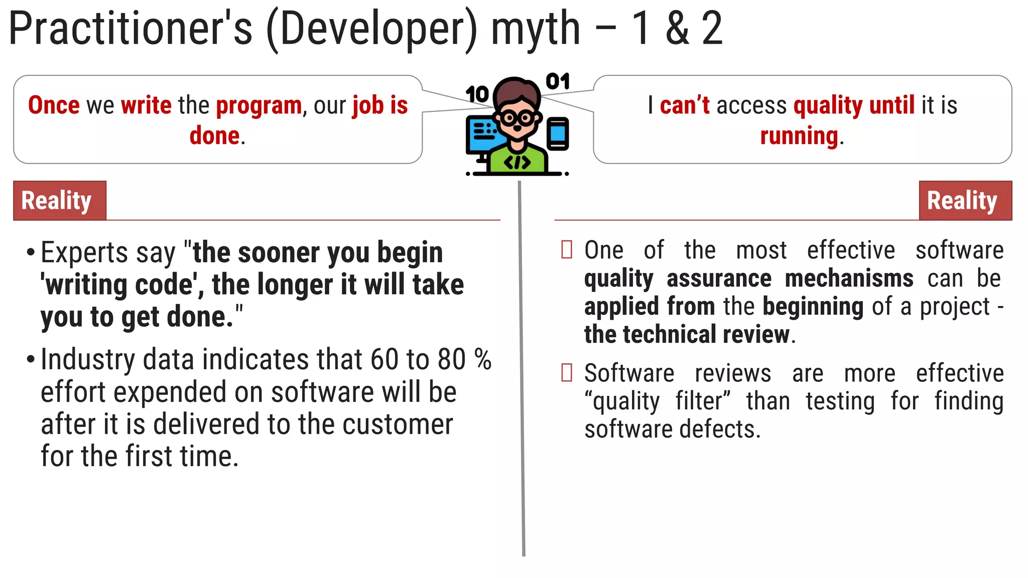 Practitioner's (Developer) myth – 1 & 2
Once we write the program, our job is
done.
•Experts say "the sooner you begin
'writing code', the longer it will take
you to get done."
•Industry data indicates that 60 to 80 %
effort expended on software will be
after it is delivered to the customer
for the first time.
Reality
I can’t access quality until it is
running.
One of the most effective software
quality assurance mechanisms can be
applied from the beginning of a project -
the technical review.
Software reviews are more effective
“quality filter” than testing for finding
software defects.
Reality
 
