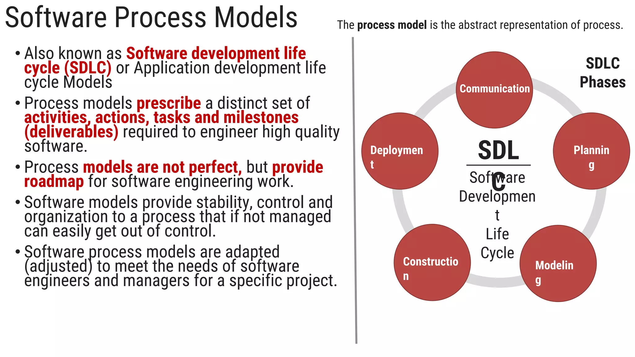 Software Process Models
• Also known as Software development life
cycle (SDLC) or Application development life
cycle Models
• Process models prescribe a distinct set of
activities, actions, tasks and milestones
(deliverables) required to engineer high quality
software.
• Process models are not perfect, but provide
roadmap for software engineering work.
• Software models provide stability, control and
organization to a process that if not managed
can easily get out of control.
• Software process models are adapted
(adjusted) to meet the needs of software
engineers and managers for a specific project.
Communication
Plannin
g
Modelin
g
Constructio
n
Deploymen
t
SDL
C
Software
Developmen
t
Life
Cycle
The process model is the abstract representation of process.
SDLC
Phases
 