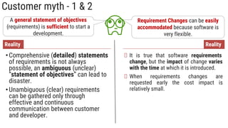 Customer myth - 1 & 2
A general statement of objectives
(requirements) is sufficient to start a
development.
•Comprehensive (detailed) statements
of requirements is not always
possible, an ambiguous (unclear)
“statement of objectives” can lead to
disaster.
•Unambiguous (clear) requirements
can be gathered only through
effective and continuous
communication between customer
and developer.
Reality
Requirement Changes can be easily
accommodated because software is
very flexible.
It is true that software requirements
change, but the impact of change varies
with the time at which it is introduced.
When requirements changes are
requested early the cost impact is
relatively small.
Reality
 