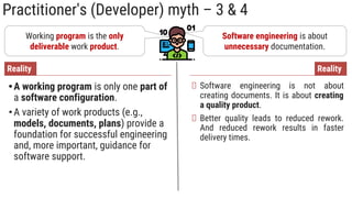 Practitioner's (Developer) myth – 3 & 4
Working program is the only
deliverable work product.
•A working program is only one part of
a software configuration.
•A variety of work products (e.g.,
models, documents, plans) provide a
foundation for successful engineering
and, more important, guidance for
software support.
Reality
Software engineering is about
unnecessary documentation.
Software engineering is not about
creating documents. It is about creating
a quality product.
Better quality leads to reduced rework.
And reduced rework results in faster
delivery times.
Reality
 