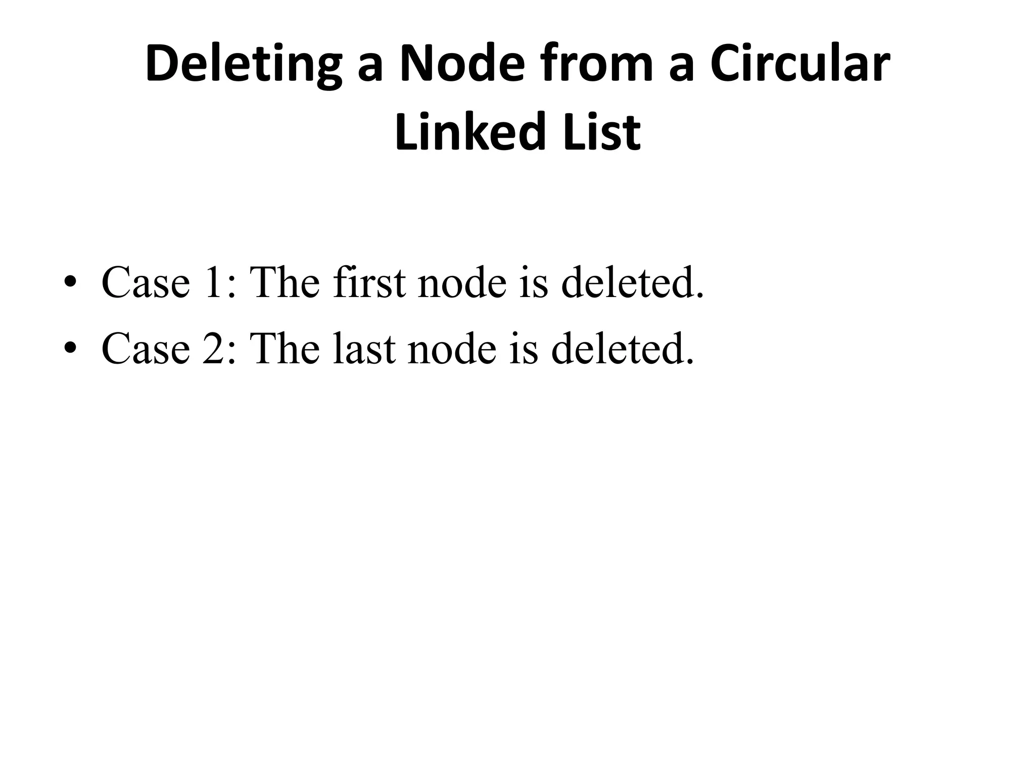 Deleting a Node from a Circular
Linked List
• Case 1: The first node is deleted.
• Case 2: The last node is deleted.
 
