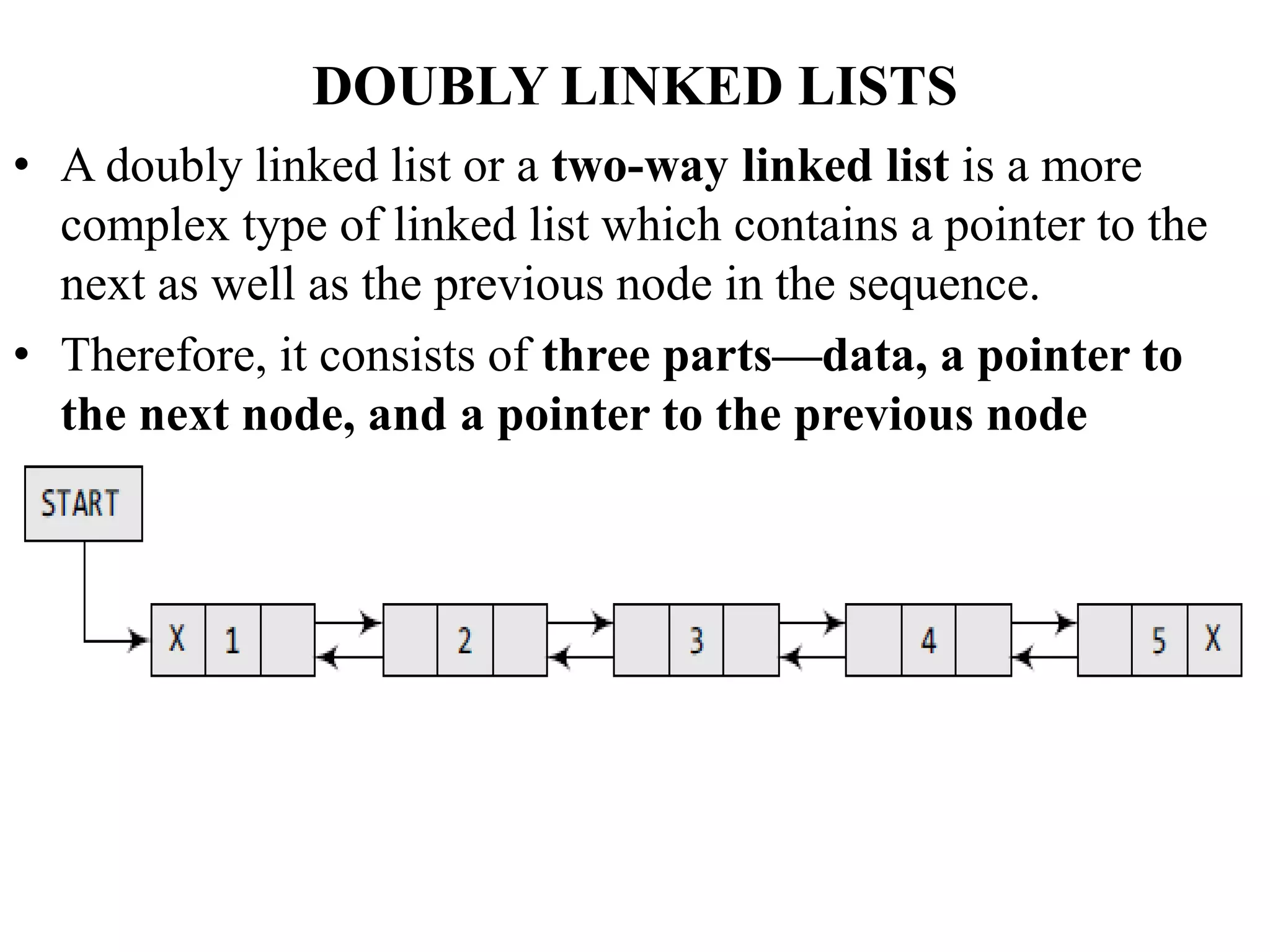 DOUBLY LINKED LISTS
• A doubly linked list or a two-way linked list is a more
complex type of linked list which contains a pointer to the
next as well as the previous node in the sequence.
• Therefore, it consists of three parts—data, a pointer to
the next node, and a pointer to the previous node
 