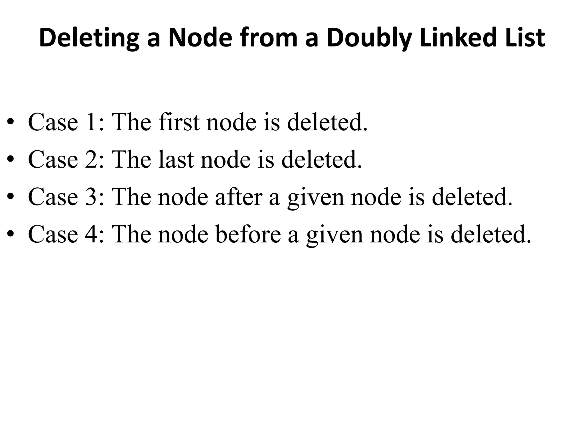 Deleting a Node from a Doubly Linked List
• Case 1: The first node is deleted.
• Case 2: The last node is deleted.
• Case 3: The node after a given node is deleted.
• Case 4: The node before a given node is deleted.
 
