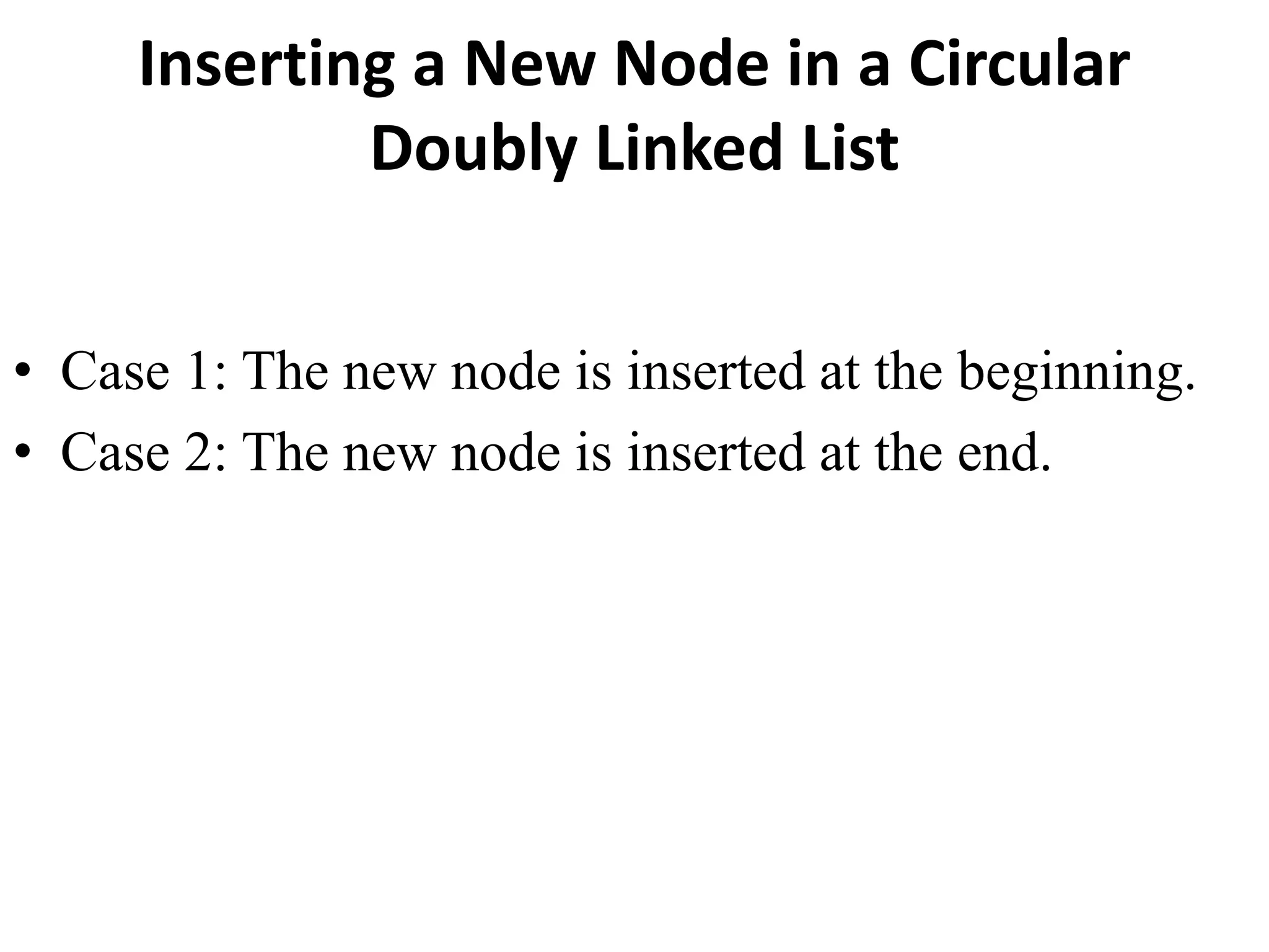 Inserting a New Node in a Circular
Doubly Linked List
• Case 1: The new node is inserted at the beginning.
• Case 2: The new node is inserted at the end.
 